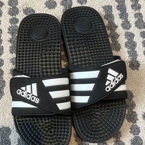 Adidas Black and White Striped Slides